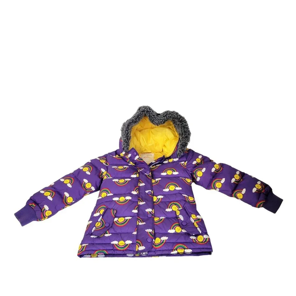 Hanna Andersson Girls Purple Rainbow Puffer Jacket W/ Faux Fur Hood Size 5 - Picture 3 of 6